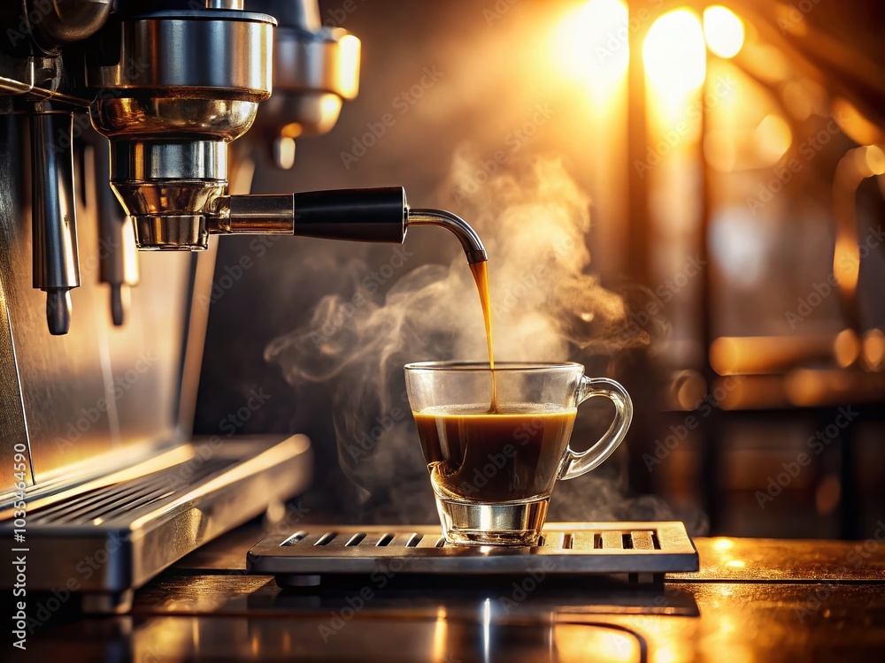 Minimalist Espresso Machine Brewing Coffee in Glass Cup with Steam - Perfect Morning Coffee Scene