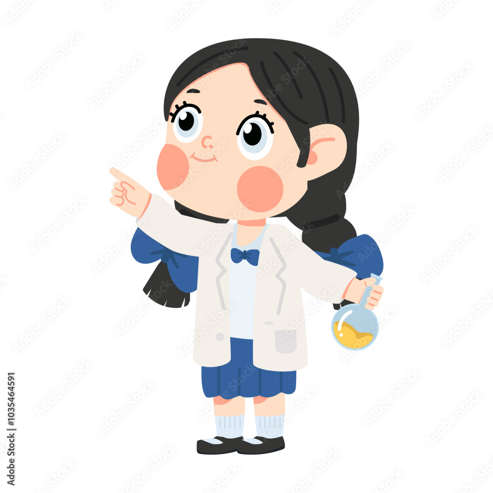 Kid girl student Scientist pointing with a finger Kid girl student Scientist pointing with a finger