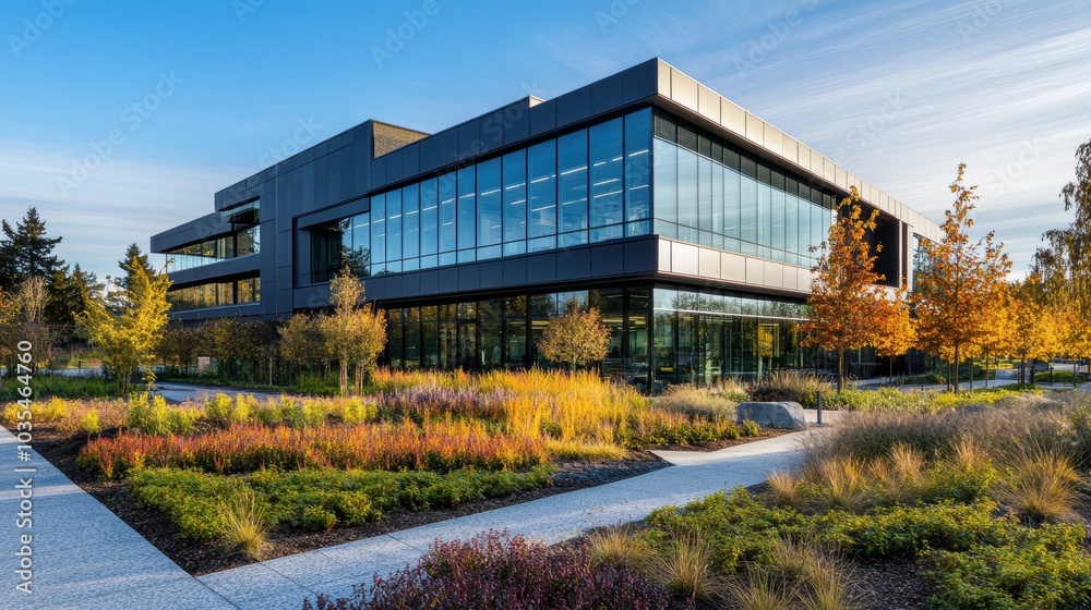 Modern Office Building Surrounded by Greenery Modern Office Building Surrounded by Greenery