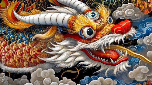 Colorful Chinese Dragon Painting with Clouds