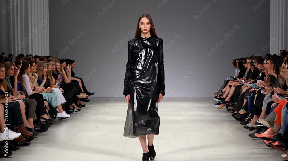 model walks the runway in a sleek black leather outfit during a fashion show, with an audience seated on both sides
