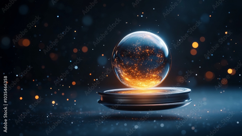 Glowing orb with cosmic particles on a reflective surface Glowing orb with cosmic particles on a reflective surface