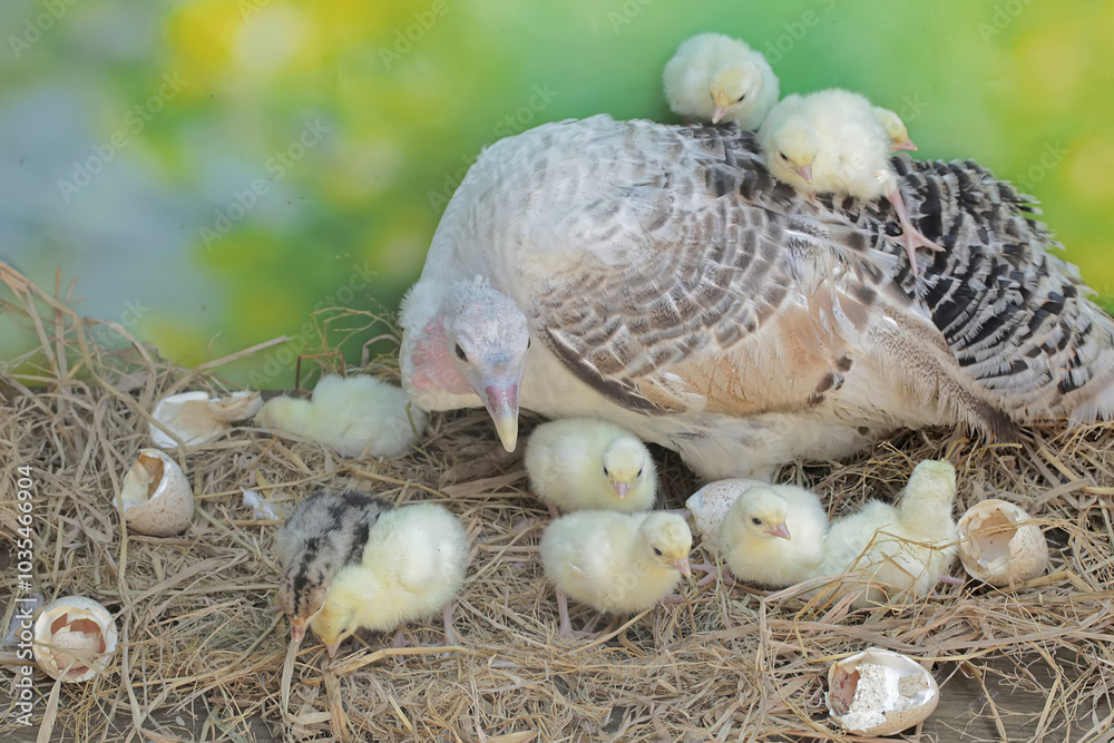 A female turkey lovingly guards her newly hatched chicks in the nest. This animal is commonly cultivated by humans with the scientific name Meleagris gallopavo. A female turkey lovingly guards her newly hatched chicks in the nest. This animal is commonly cultivated by humans with the scientific name Meleagris gallopavo.
