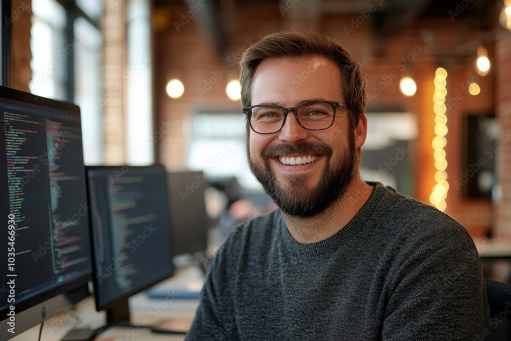 Obraz premium Cheerful software developer smiling in an office, Generative AI