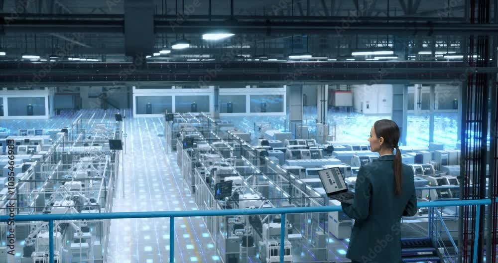 Factory Digitalization Visual Transformation: Female Engineer Uses Laptop to Activate Construction of Autonomous Robot Arm Industrial Facility. Industry Four Machinery Manufacturing of Products