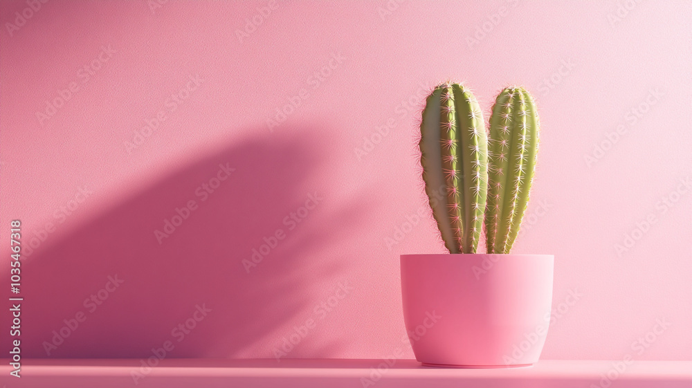 Cactus in a pink pot against a pink wall background Cactus in a pink pot against a pink wall background