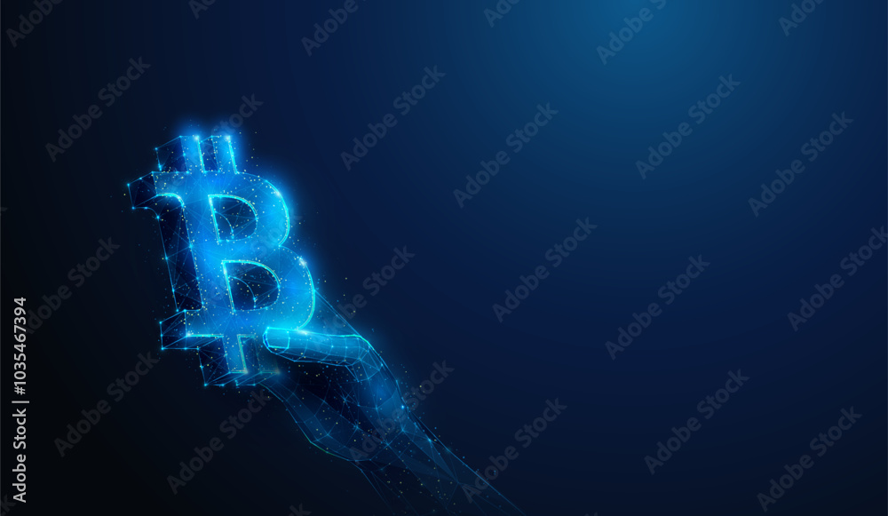 Abstract illustration of low poly hand holding BTC Bitcoin cryptocurrency sign. Blue geometric background depicting paying process or shopping concept by wireframe connection structure Abstract illustration of low poly hand holding BTC Bitcoin cryptocurrency sign. Blue geometric background depicting paying process or shopping concept by wireframe connection structure