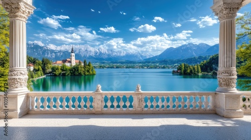 A stunning perspective from the balcony showcases Lake Bled's crystal waters, marble architecture, and picturesque mountains on a sunny day