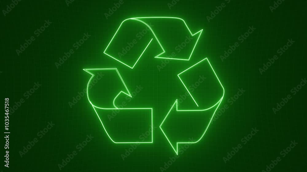 Glowing green neon recycling symbol on dark grid pattern background. Environmental awareness, green technology, circular economy and sustainability concept. Full HD loop.