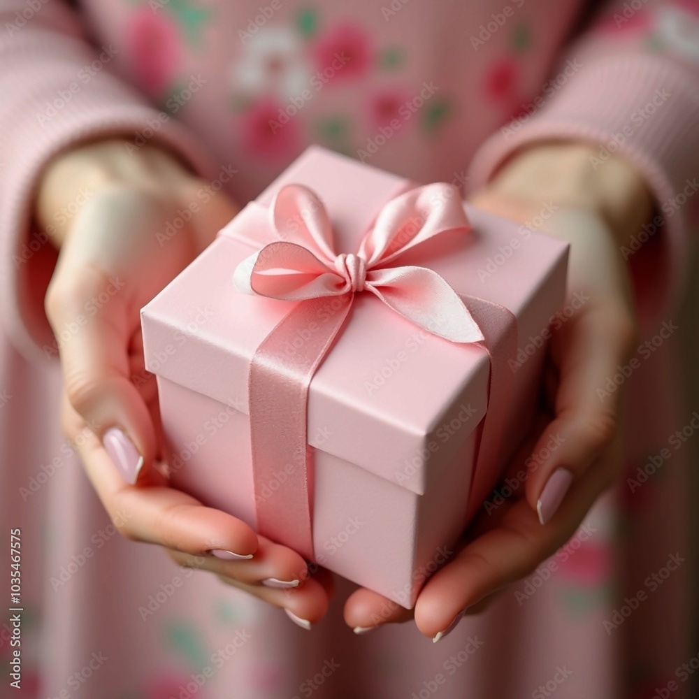 A close-up of a woman's hands gently holding a pink gift box with a delicate bow with a softly blurred floral background emphasizing warmth and celebration A close-up of a woman's hands gently holding a pink gift box with a delicate bow with a softly blurred floral background emphasizing warmth and celebration