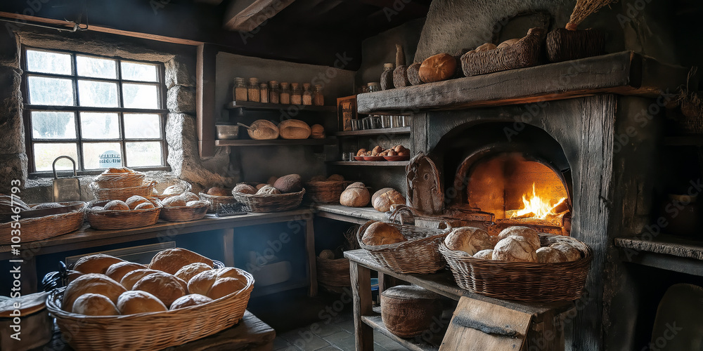 An old-fashioned baker's kitchen with a wood-fired oven and baskets of freshly baked loaves. An old-fashioned baker's kitchen with a wood-fired oven and baskets of freshly baked loaves.