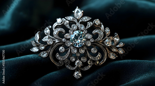 Vintage-Style Diamond Brooch with Ornate Detailing, Elegant Jewelry Design, Close-Up Photography