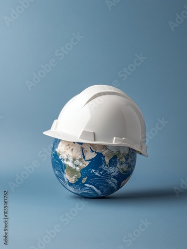 A hard hat rests atop a globe, symbolizing workplace safety, environmental protection, construction, global responsibility, and the future of our planet. photo