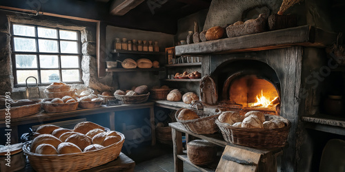 An old-fashioned baker's kitchen with a wood-fired oven and baskets of freshly baked loaves. photo