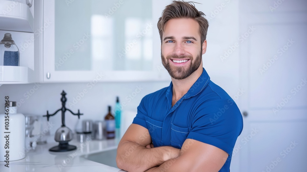 Professional plumber in blue uniform inspecting kitchen for pipe clogs Professional plumber in blue uniform inspecting kitchen for pipe clogs