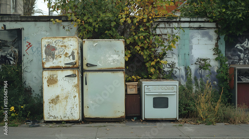 Abandoned Old Refrigerator and Broken Appliances in a Neglected Environment photo