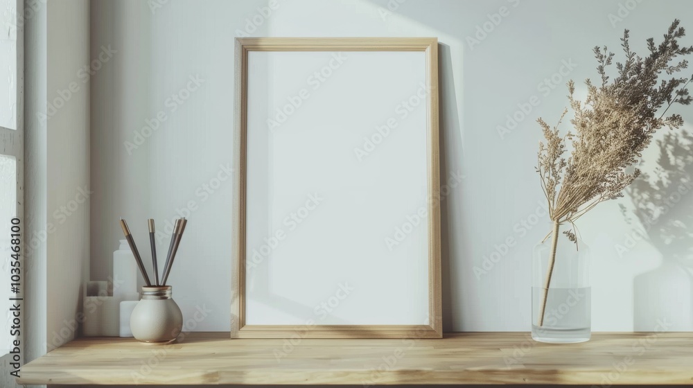 A minimalist desk scene in a home office with white walls and wood accents. The main feature is a blank picture frame