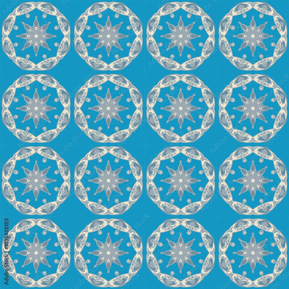 Seamless repeating pattern of intricate white mandalas on blue background. Lacy floral flower feminine details. Elegant, luxurious harmonious and symmetrical design. Eye catching visual impact. Seamless repeating pattern of intricate white mandalas on blue background. Lacy floral flower feminine details. Elegant, luxurious harmonious and symmetrical design. Eye catching visual impact.