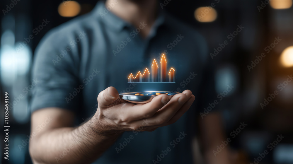 A businessman holding a holographic graph with rising lines, symbolizing business growth A businessman holding a holographic graph with rising lines, symbolizing business growth