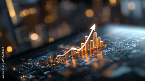 3D graph emerging from a business cityscape, symbolizing robust growth and economic expansion