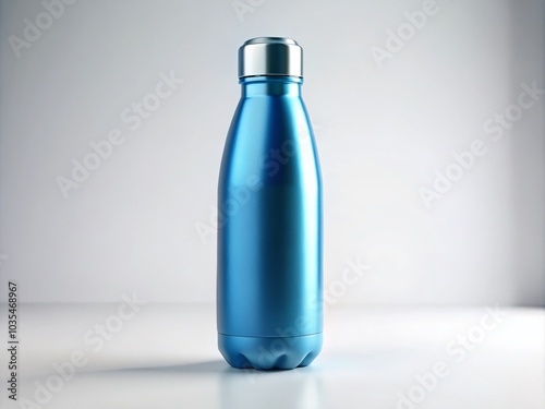 Mock Up Empty Blue Water Bottle Thermos on White Background for Product Showcase and Advertising