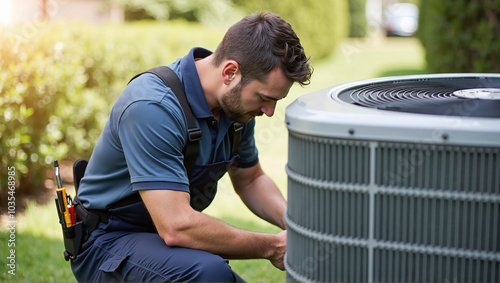 Heating, Ventilation and Air Conditioning technician checks and repairs a hvac system for faults and malfunctions and sets it up