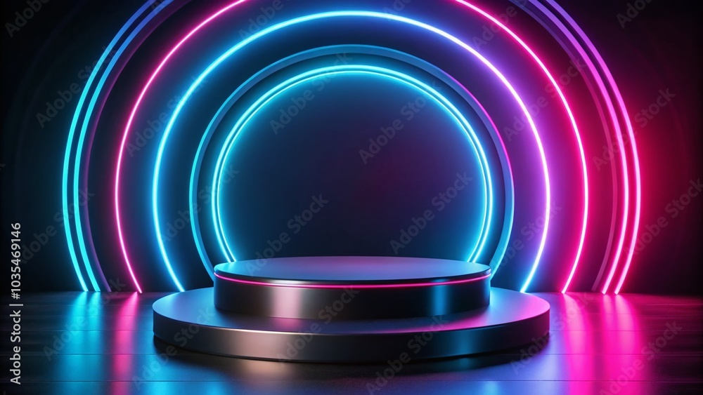 Modern 3D Black Podium with Neon Blue and Pink Ring for Product Showcase and Display in Technology Concept Modern 3D Black Podium with Neon Blue and Pink Ring for Product Showcase and Display in Technology Concept
