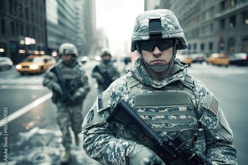 group of soldiers patrolling a city street, wearing protective gear and carrying weapons photo