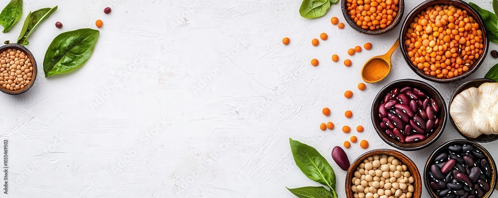 Vibrant Variety of Pulses and Greens A Colorful Arrangement of Lentils Beans and Fresh Leaves for Healthy Cooking Vibrant Variety of Pulses and Greens A Colorful Arrangement of Lentils Beans and Fresh Leaves for Healthy Cooking