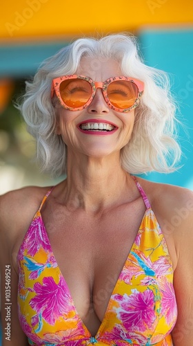 Cheerful senior woman laughing happily in swimwear, Generative AI