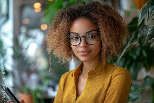 Female entrepreneur using smart phone in office, Generative AI