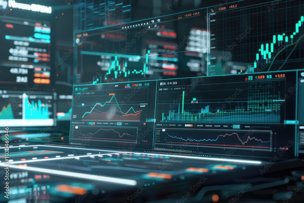 Futuristic scene depicting AI-powered stock market analysis, featuring advanced financial tools and a digital dashboard with real-time data Futuristic scene depicting AI-powered stock market analysis, featuring advanced financial tools and a digital dashboard with real-time data