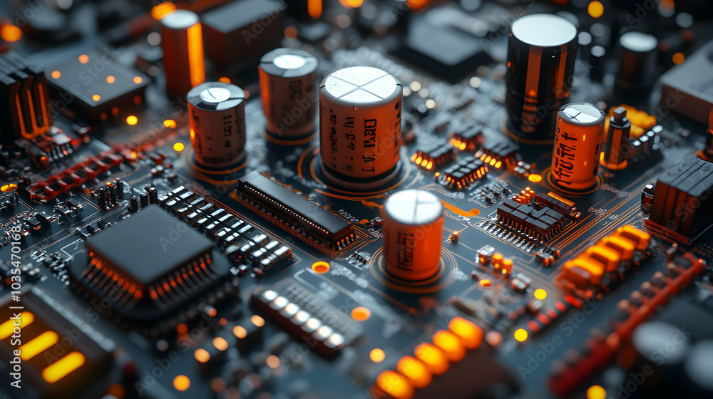 Detailed 3D Illustration of Electrical Components Including Capacitors, Resistors, and Circuit Boards on a Digital Background Detailed 3D Illustration of Electrical Components Including Capacitors, Resistors, and Circuit Boards on a Digital Background