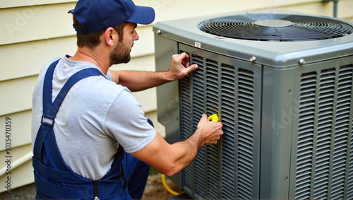 Heating, Ventilation and Air Conditioning technician checks and repairs a hvac system for faults and malfunctions and sets it up