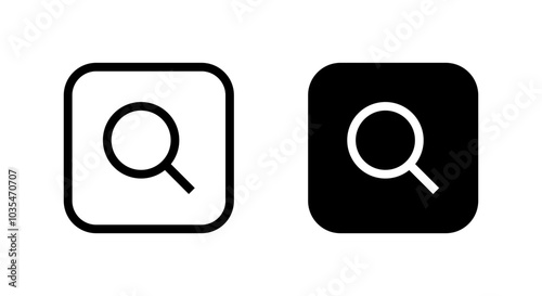 Search, magnifying glass icon on black square. Loupe sign symbol