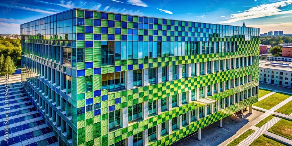 Obraz premium Modern Building Facade with Unique Green and Blue Tiles Reflecting Sunlight in Clear Sky