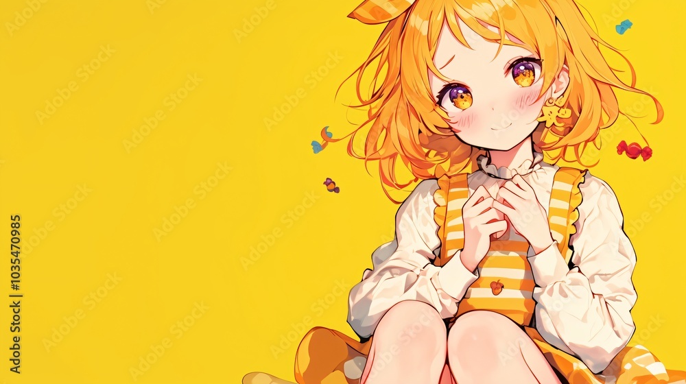 Sweet Anime Girl Dressed as Candy Corn with Colorful Striped Dress and Shy Smile on Isolated Background Kawaii Halloween Costume Concept