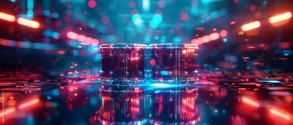 A vibrant, futuristic scene featuring glowing, reflective surfaces with a blend of blue and red lights creating a dynamic atmosphere. A vibrant, futuristic scene featuring glowing, reflective surfaces with a blend of blue and red lights creating a dynamic atmosphere.
