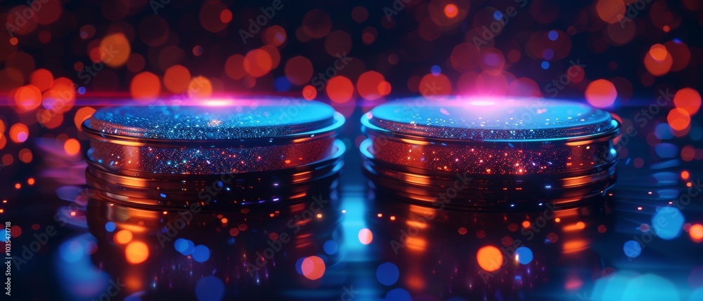 Two glowing disks sit atop a reflective surface, surrounded by vibrant bokeh lights, creating a mesmerizing and colorful visual effect. Two glowing disks sit atop a reflective surface, surrounded by vibrant bokeh lights, creating a mesmerizing and colorful visual effect.