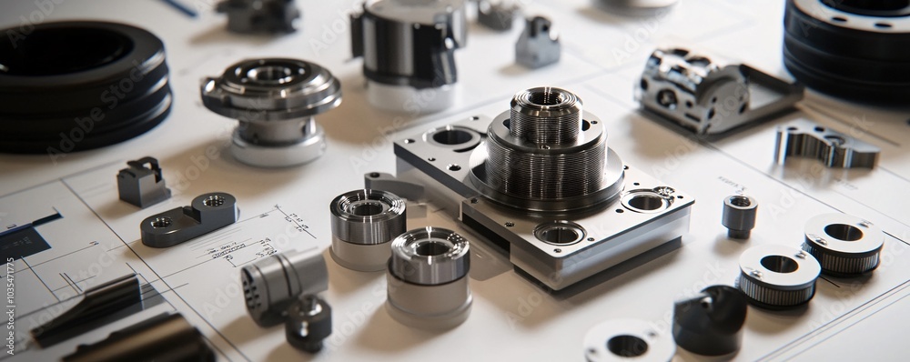 Part Material Engineering bureau presenting different metal parts lying on technical ...