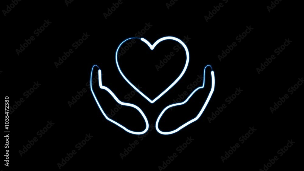 Glowing Neon Line Icon of Hand Holding Heart: Symbol of Healthcare and Love Glowing Neon Line Icon of Hand Holding Heart: Symbol of Healthcare and Love