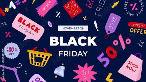 Horizontal cute colorful banner for Black Friday with cartoon shopping and sale clipart. Super discounts concept for poster, background template for website, media. Price off stickers, label, diamond