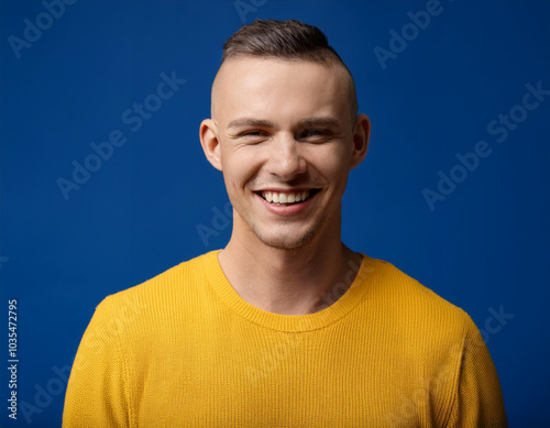 Portrait of Young Handsome Man Happily Smiling Against Blue Studio Background