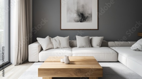Wallpaper Mural A realistic photo of a stylish, contemporary living room with a wooden square coffee table next to a white sofa. The grey wall and art poster enhance the minimalist decor. Captured with a 32k camera Torontodigital.ca