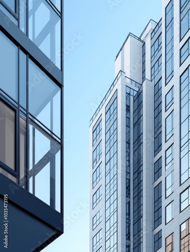 Modern high-rise buildings with glass facades against a clear blue sky. Symbolizing progress, urban life, and architectural innovation.