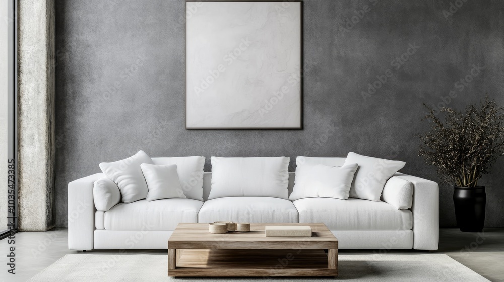 Fototapeta premium A realistic photo of a modern living room with a white sofa and a wooden square coffee table. The grey wall is adorned with a stylish art poster, blending minimalist and elegant design. Shot in 32k