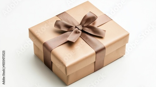 A simple Christmas gift box wrapped in plain paper with a bow, placed on a white background 