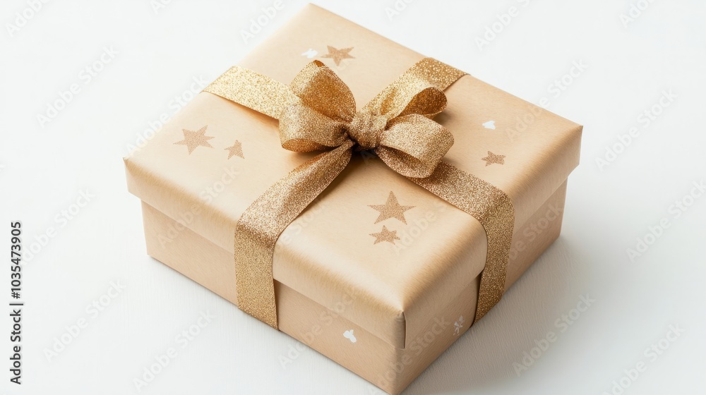 A simple Christmas gift box wrapped in plain paper with a bow, placed on a white background A simple Christmas gift box wrapped in plain paper with a bow, placed on a white background
