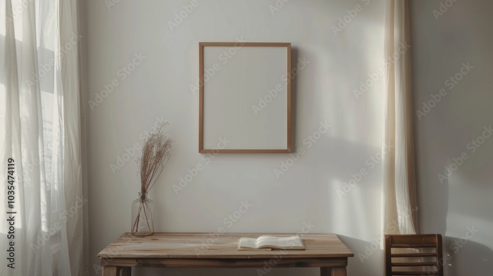 A minimalist home office with white walls and a wooden desk. The main feature is a blank picture frame, complemented by a single