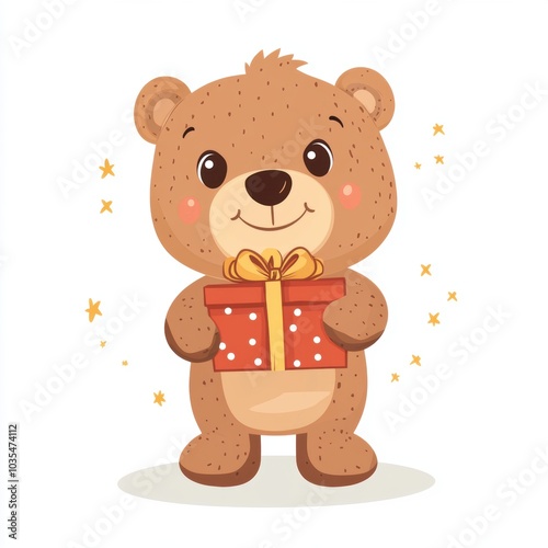 Cute bear holding a gift box isolated over white background.